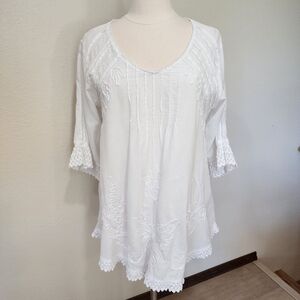 Gretty Zueger Tunic Mini Dress White Boho Lace 3/4 Sleeve Cotton Size Large